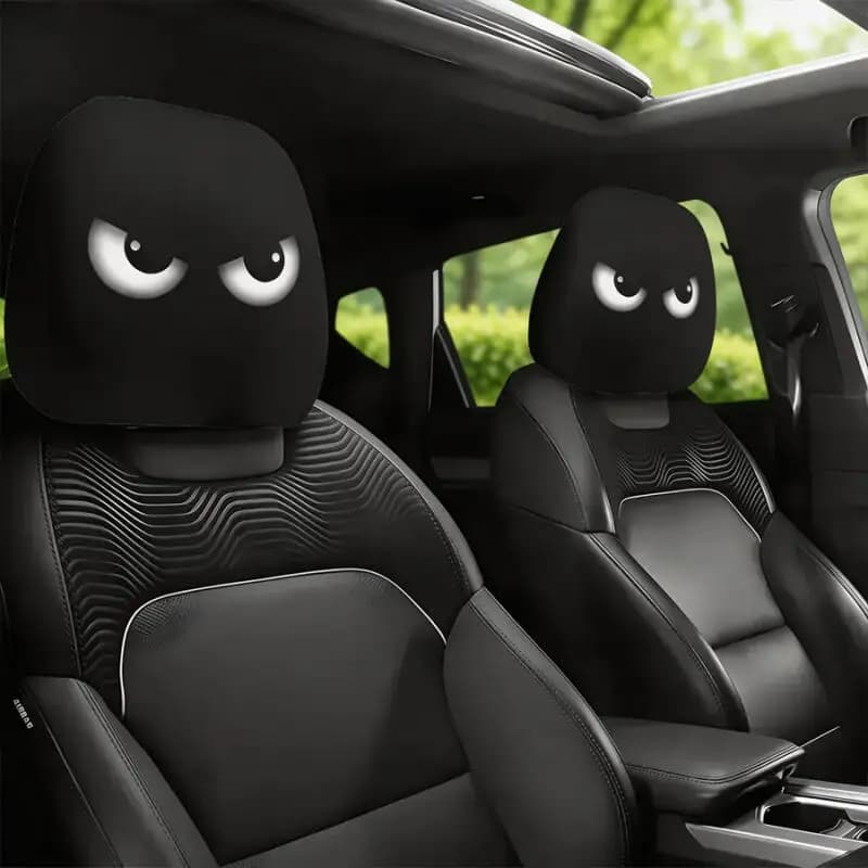 2PCS-Funny Angry Eyes Car Headrest Cover, Universal Black Cartoon Expression Headrest Sleeve, Trendy Car Interior Decor