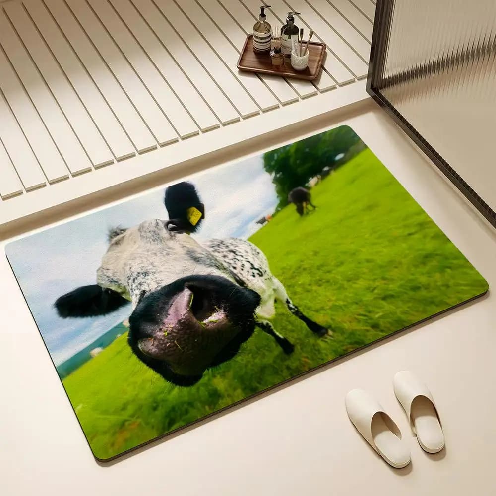 Abstract Cow Animal KWaii Floor Mat Diatomite Bath Mat – Highly Absorbent, Non-Slip, Quick-Drying Bathroom Rug