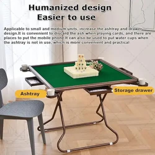 Humanized Folding Mahjong Table With Integrated Ashtrays, Cup Slots, And Storage Drawers For Convenient Card And Tile Games