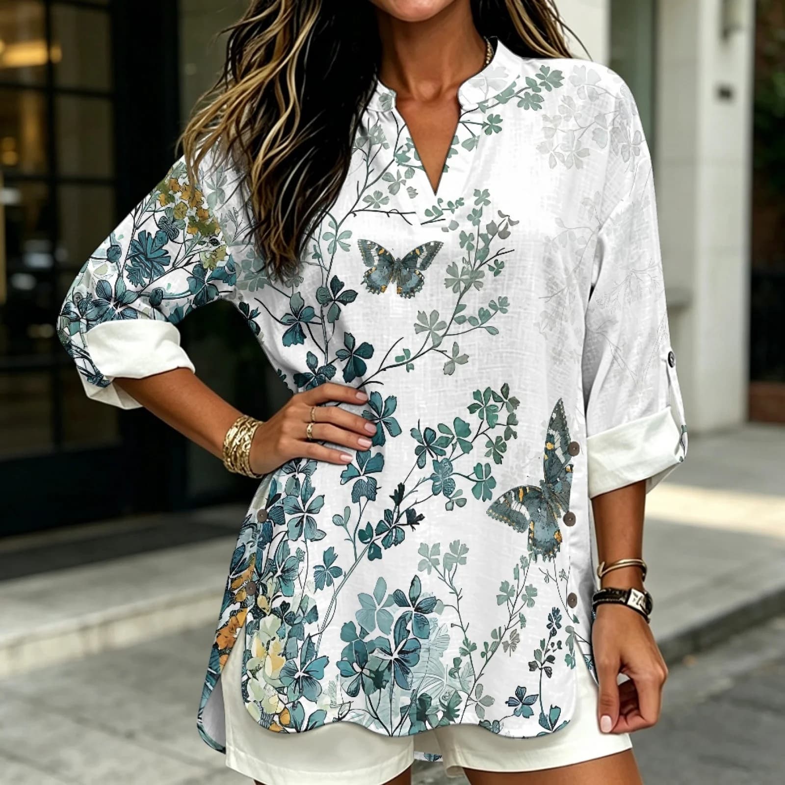 PENSTROLL Butterfly Casual Fit Casual Loose Fit Blouses for Women Linen Like V Neck Long Sleeve Tops Long Sleeve Shirts