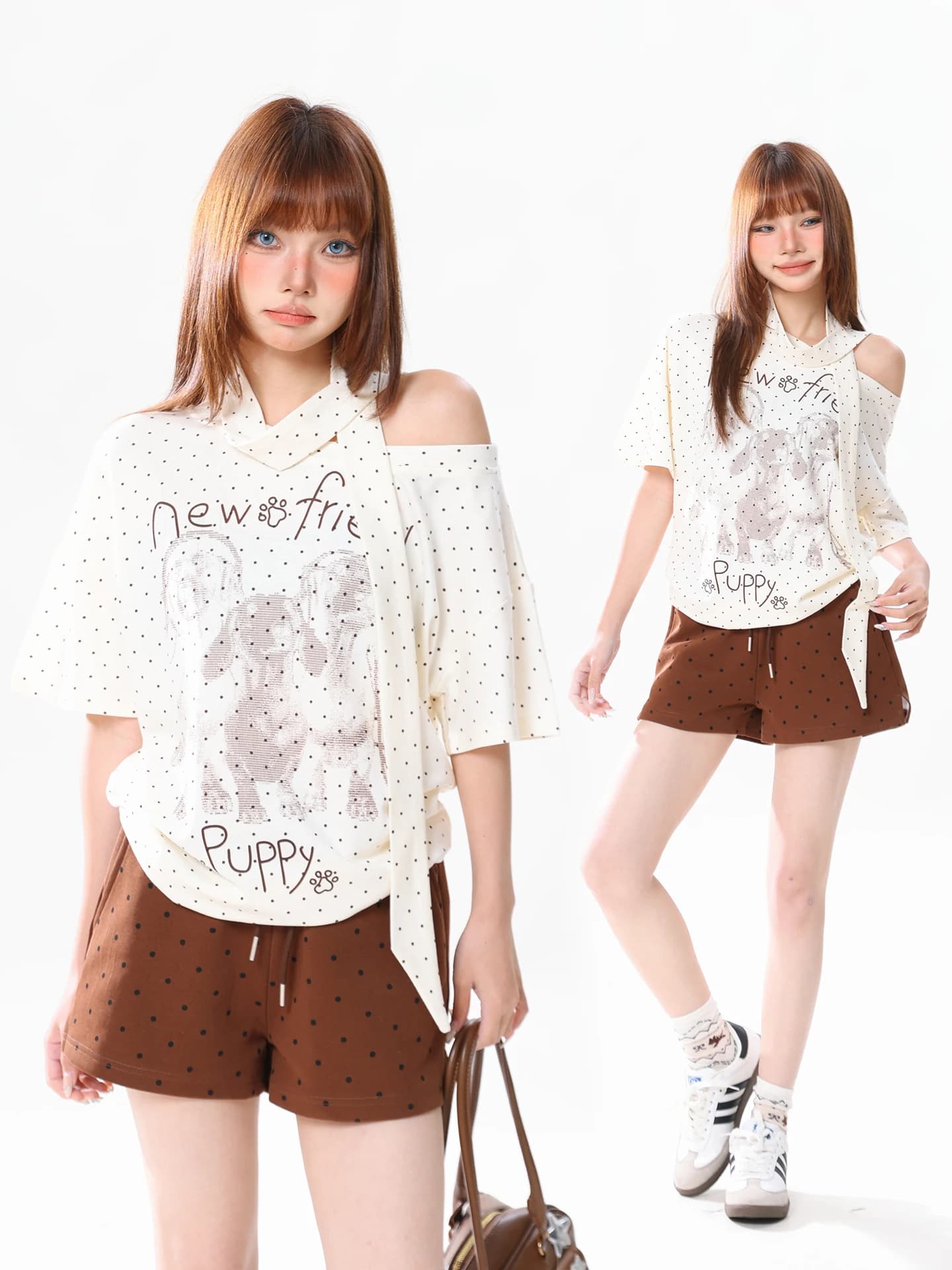 American Hot Girl Style Polka Dot Asymmetrical Shoulder T-Shirt Women Summer Loose Design Shoulder Exposure Short Sleeve Top ...