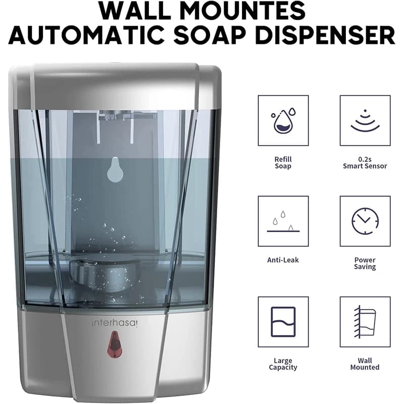 interhasa! Dispenser di sapone Dispenser di disinfettante per le mani senza contatto Montaggio a parete Dispenser automatico di sapone da cucina da 600 ml per uso commerciale