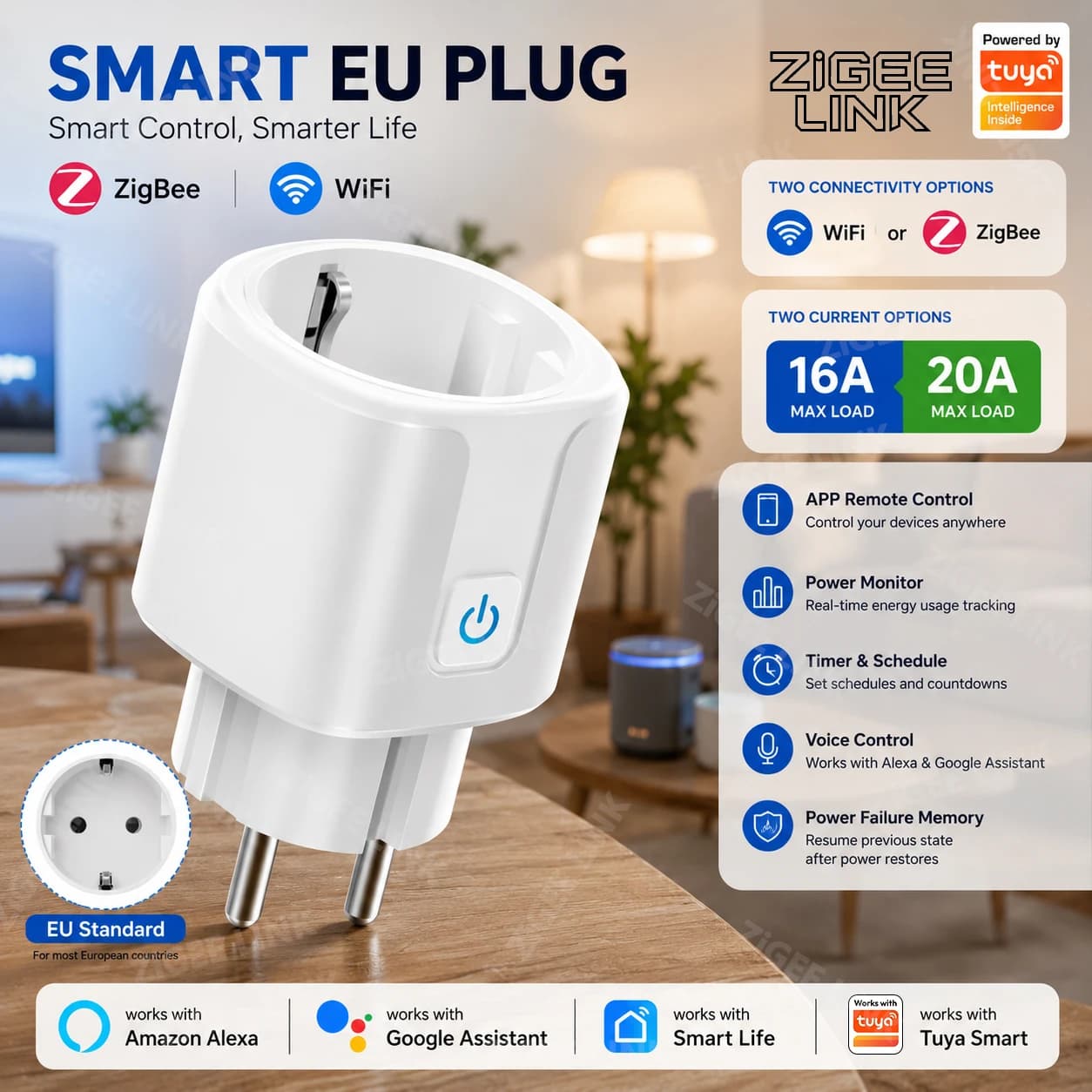 WiFi Zigbee3.0 EU Standard Smart Socket Real-Time Power Consumption Statistics Timer APP Voice Remote Control Works Alexa Google