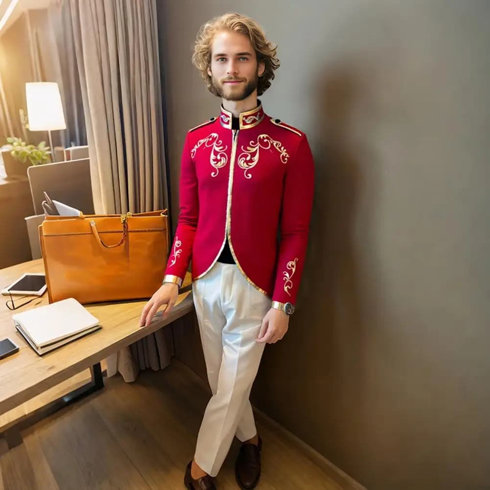 Men Medieval European Court Cosplay Costume Coat Halloween Carnival Party Outfit Festival Knight Embroidery Stand Collar Jacket