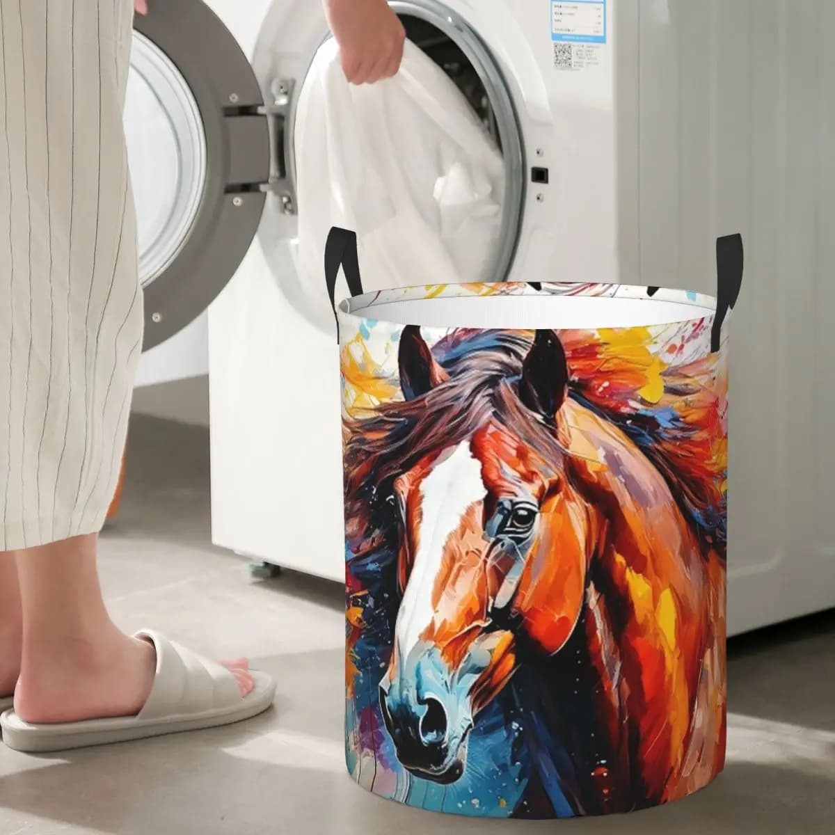 Cesto Portabiancheria Pieghevole Artistico con Motivo Cavallo, Contenitore per Vestiti Sporchi e Giocattoli, Organizer Domestico