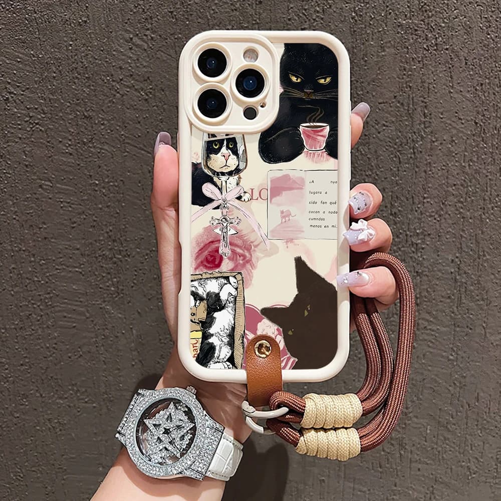 Retro Cat Collage Silicone Phone Case For iPhone 16 17 Pro 17 15 14 13 12 11 Pro Max 16E 7 8 Plus XS XR With Lanyard Cute Cover