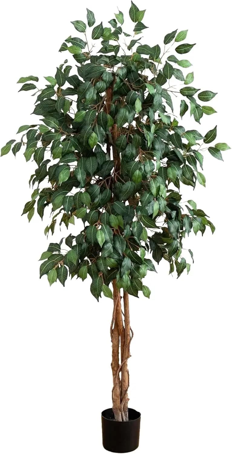 5 Foot Triple Natural Wood Trunk Artificial Ficus Potted Tree Lush Silk Leaves Black Nursery Pot Indoor Freestanding Decor Plant
