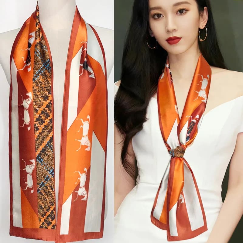 Foulard Lungo da Donna in Raso di Seta con Stampa a Catena, Sciarpa per Collo, Accessorio per Borsa, Foulard Sottile Floreale da Donna