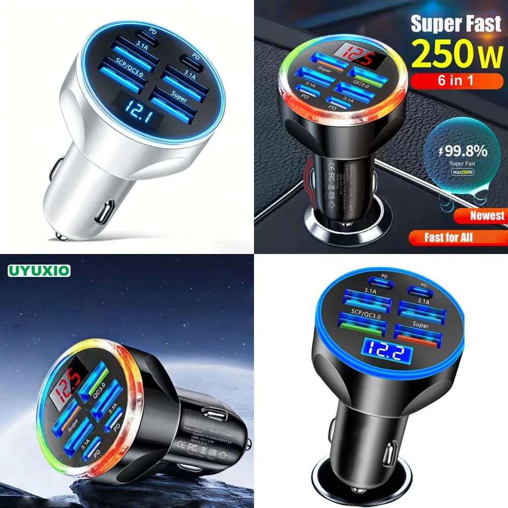 Caricabatterie Auto Multi-Porta USB Tipo C con Voltmetro, Adattatore di Ricarica Rapida 6 in 1 con Display di Tensione, Prodotti in Dropshipping