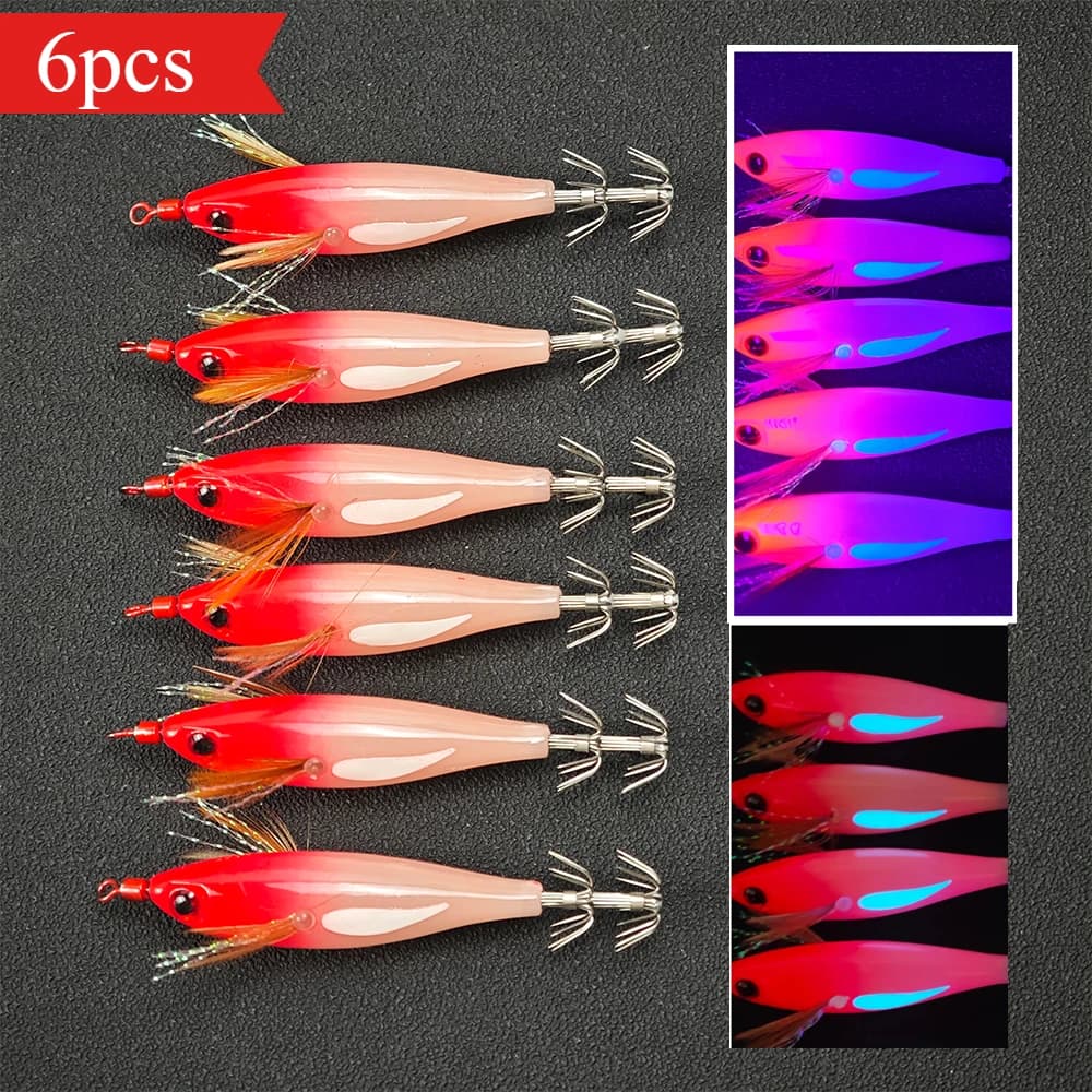 6pcs/set Horizontal Squid Jig Egi Set Luminous UV Glow Wood Shrimp Fishing Lure Saltwater Artificial Bait Cuttlefish Octopus