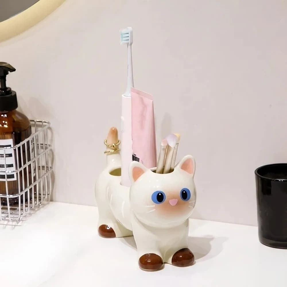 Cat Dog Shape Ceramic Toothbrush Holder 4 Holes Waterproof Electric Toothbrush Stand Whimsical Cartoon