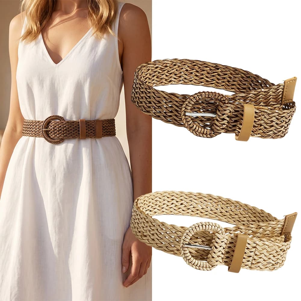 Retro Bohemian Straw Pin Buckle Belts Summer Female Braided Wide Belts Woven Elastic PP Straw Grass Girls Waistband Belt
