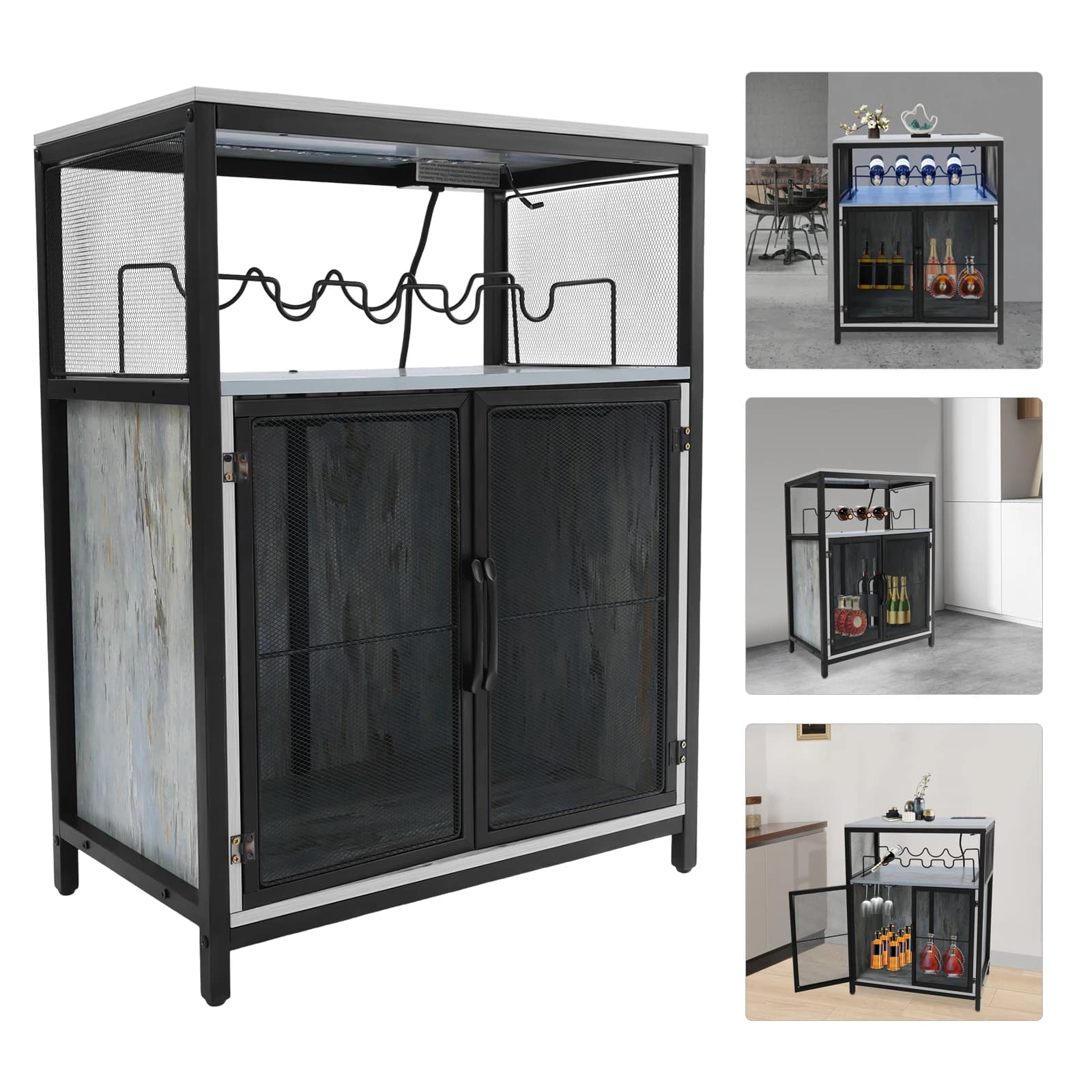 Mobile Bar per Vini con Luce RGB 79cm, Credenza Industriale Vintage con Presa Elettrica per Caffetteria Buffet Console Marrone