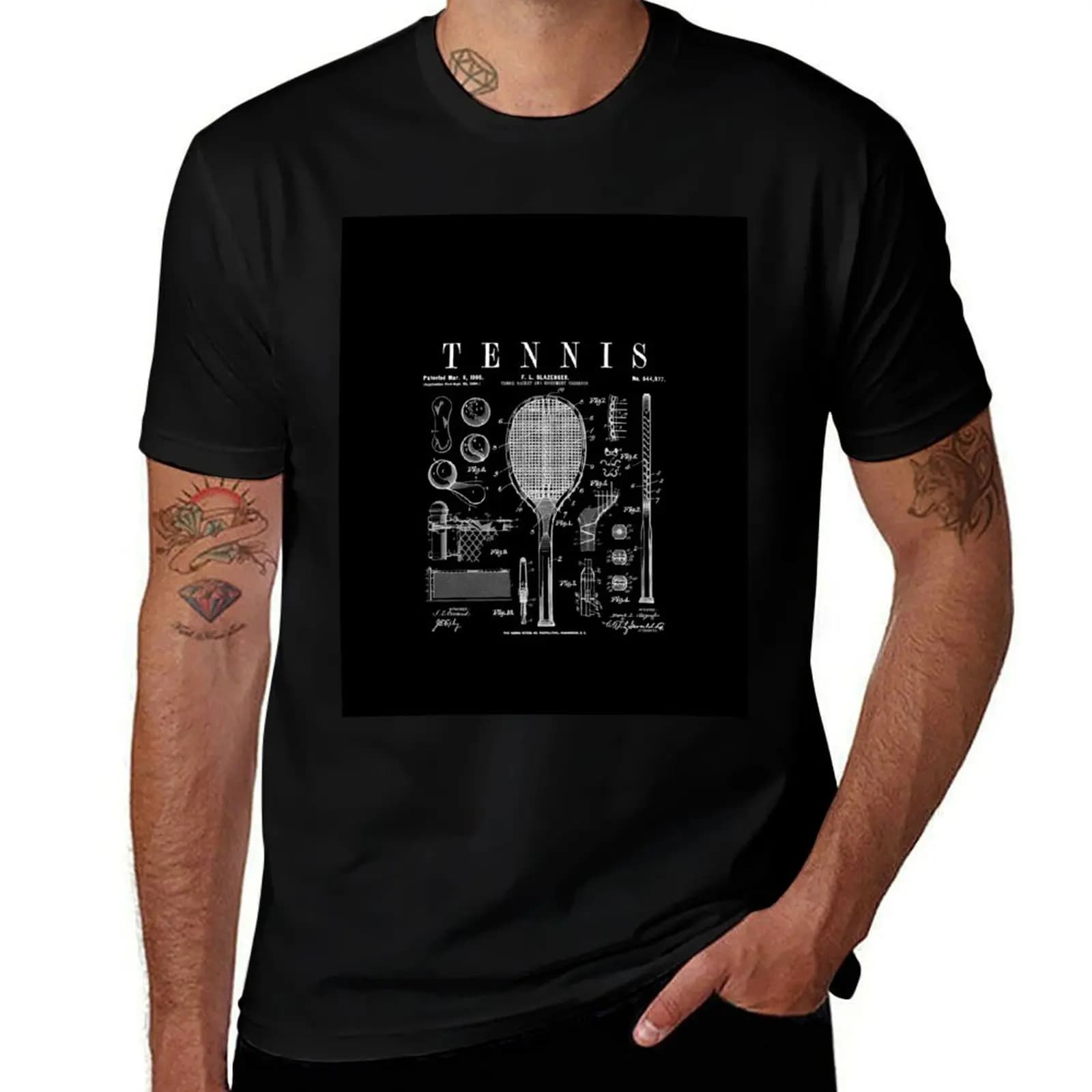 Tennis Racket And Ball Old Vintage Patent Drawing Print T-Shirt Abstract Pattern Print Top