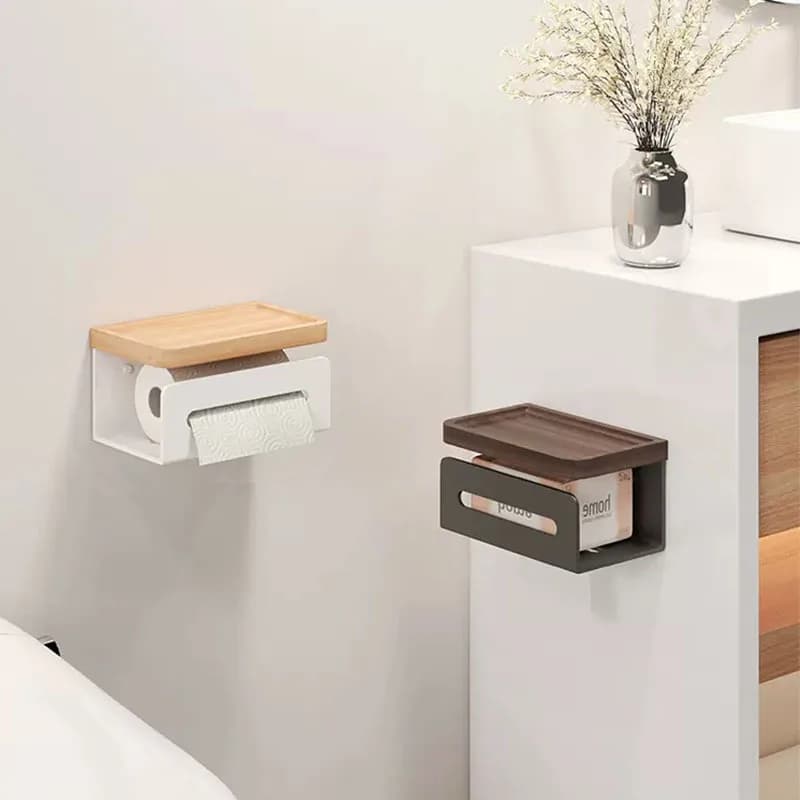 Portarotolo in Legno da Parete per Bagno, Porta Carta Igienica e Telefono, Mensola Porta Asciugamani, Accessori per WC