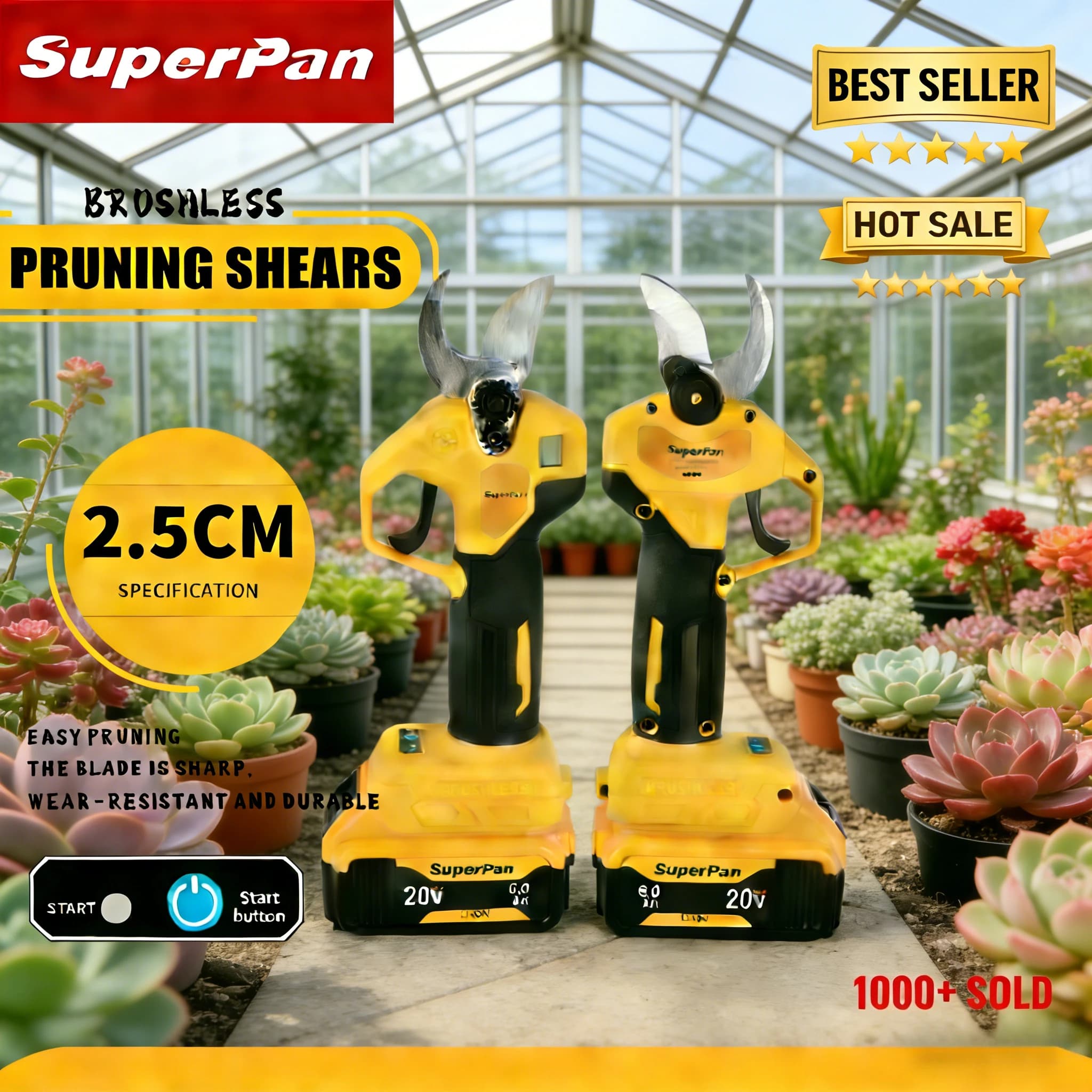 SuperPan Rechargeable Garden Scissors, Cutting 25mm and Ergonomic Grip, for Daily Power of Shrubs and Trees, Compatible with Dewalt Battery 20V