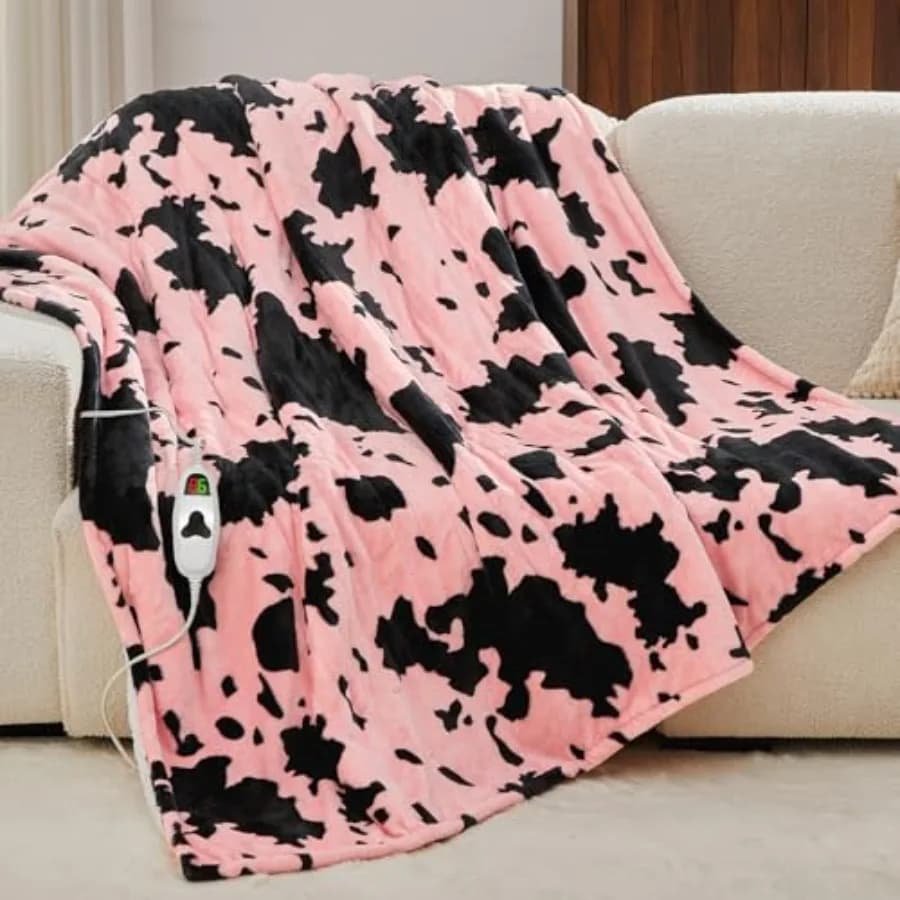 Coperta Elettrica Riscaldante con Stampa Mucca, Misura Singola 62x84, Rosa Chiaro, con 10 Livelli di Calore e Spegnimento Automatico Dopo 8 Ore, Highland