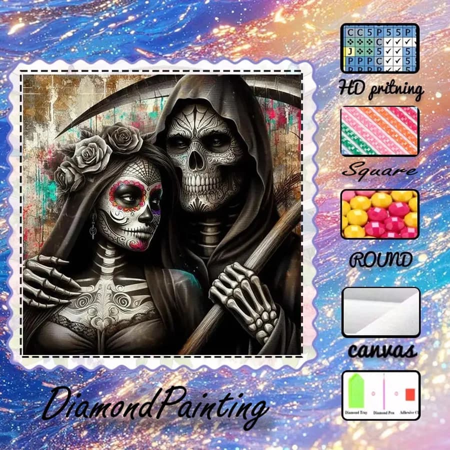 1 pezzo - 5D-DIY - Tessuto floccato - Punta speciale - Set per pittura con diamanti - Teschio, vita e morte - Mosaico - Arte con diamanti