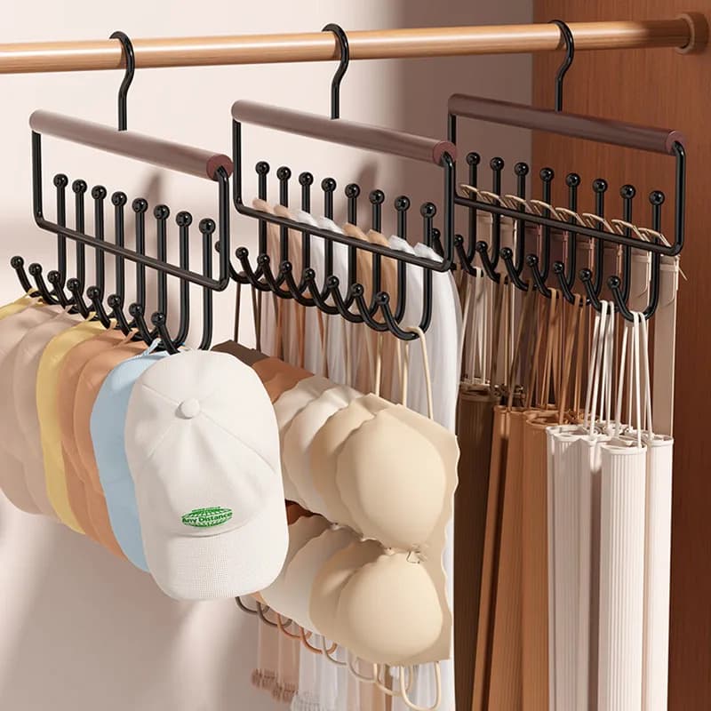 Versatile Wooden Hat Organizer Rack with Hooks Caps Belts Ties Space-Saving Storage Hanger Home Handbag Hat Clothes Storage Rack