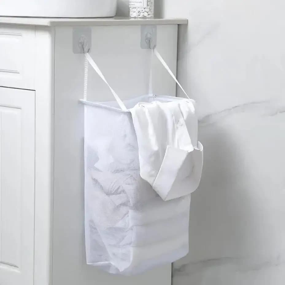 1 Pcs Home Foldable Multifunctional Wall Hanging Laundry Basket Washing Clothes Organizer Mesh Storage Punch Free Adhesive Hook