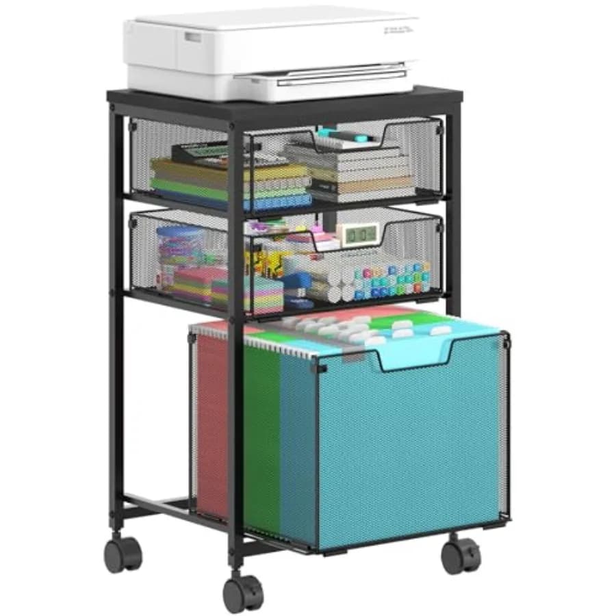 Carrello Portadocumenti con 3 Cassetti, Organizzatore per Cartelle Sospese con Ruote, Carrello Portaoggetti da Scrivania