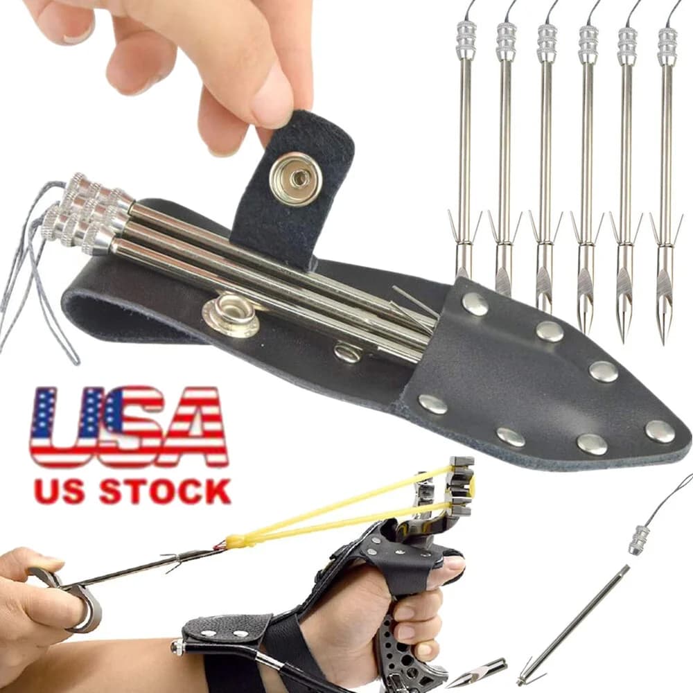 6Pcs Stainless Steel Fishing Darts with Quiver Heavy Duty Bowfishing Arrowheads Sharp Silver Fish Dart Tips Universal Fit Slingshot Catapult Recurve Compound Bow Outdoor Water Fishing Hunting Supplies