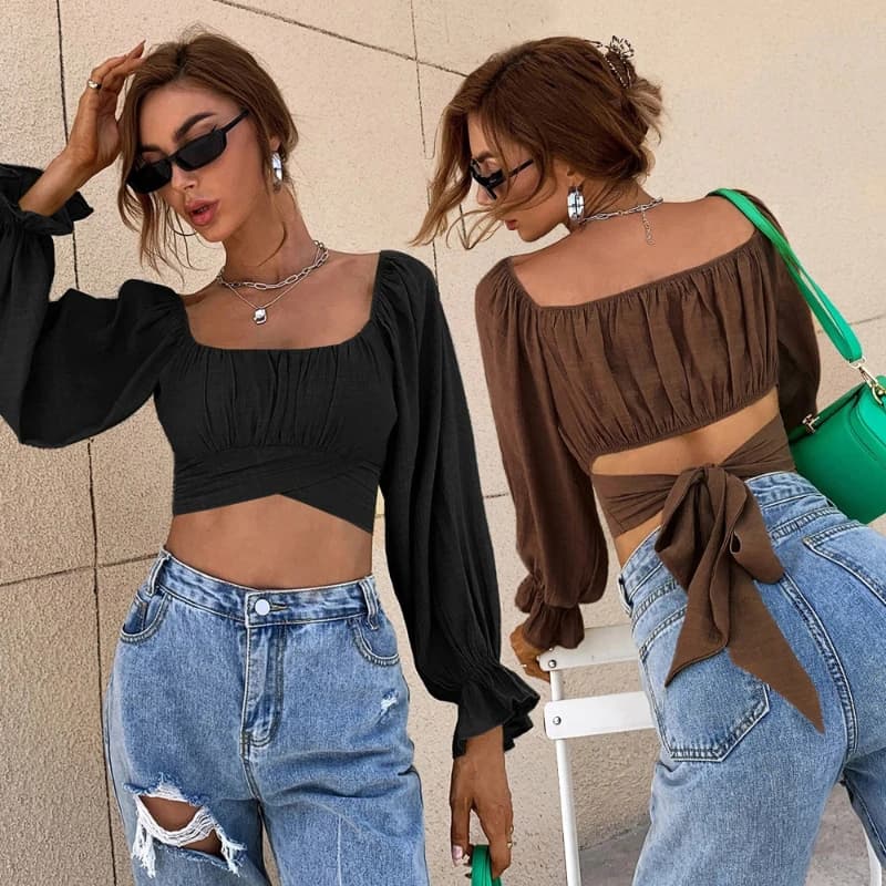 Primavera ed estate 2025 Camicia da donna a maniche lunghe ultra corta con cinturino temperamento sexy Colletto quadrato sottile T-shirt da donna