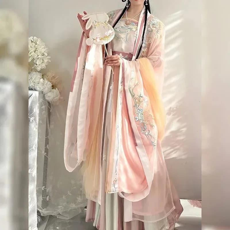 Abito Hanfu Cinese Ricamato con Maniche Larghe, Sfumato, Originale per Feste, Spettacoli, Cosplay, Rosa e Blu