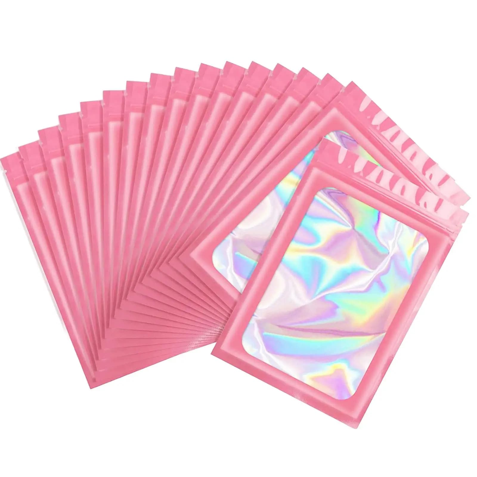 100 Pieces Pouch Bags Clear Window Holographic Packaging Bags for Dried Fruits Cookie Gloss Container