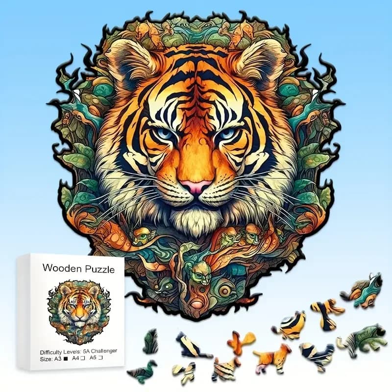 Puzzle in legno tigre, giocattolo antistress in legno a forma di animale unico e irregolare