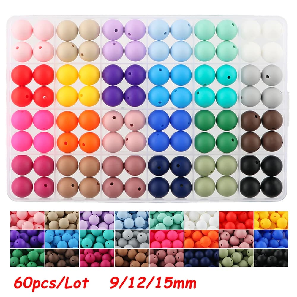 50-60 Pezzi Perline Rotonde in Silicone da 9/12/15MM, Perline Sciolte per Creazione Gioielli Fai da Te, Accessori per Penne, Braccialetti e Collane