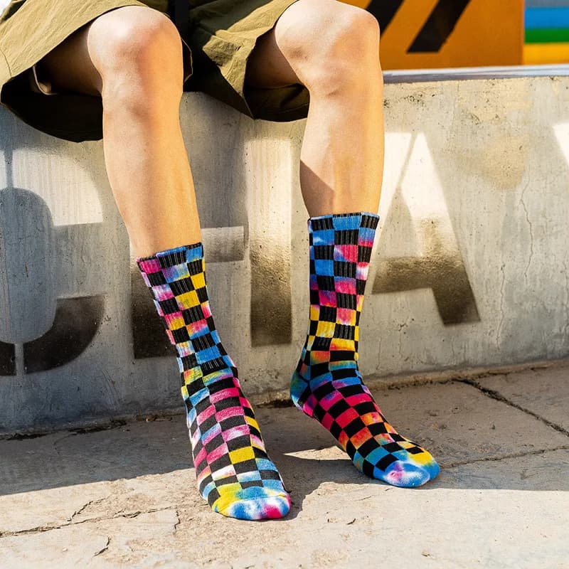 New Fashion Tie Dye Plaid Mens Socks Cotton Colorful Vortex Fluorescence Funny Happy Harajuku Happy Hip Hop Skateboard Sokken