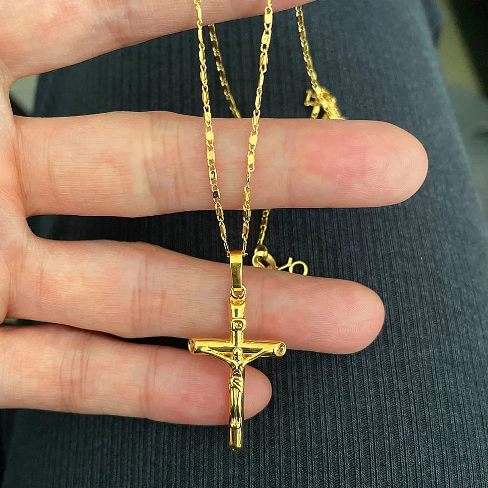 Nuova Collana Autentica in Oro 24k, Collana con Croce Placcata Oro, Gioielli per Coppie Uomo e Donna, Regalo