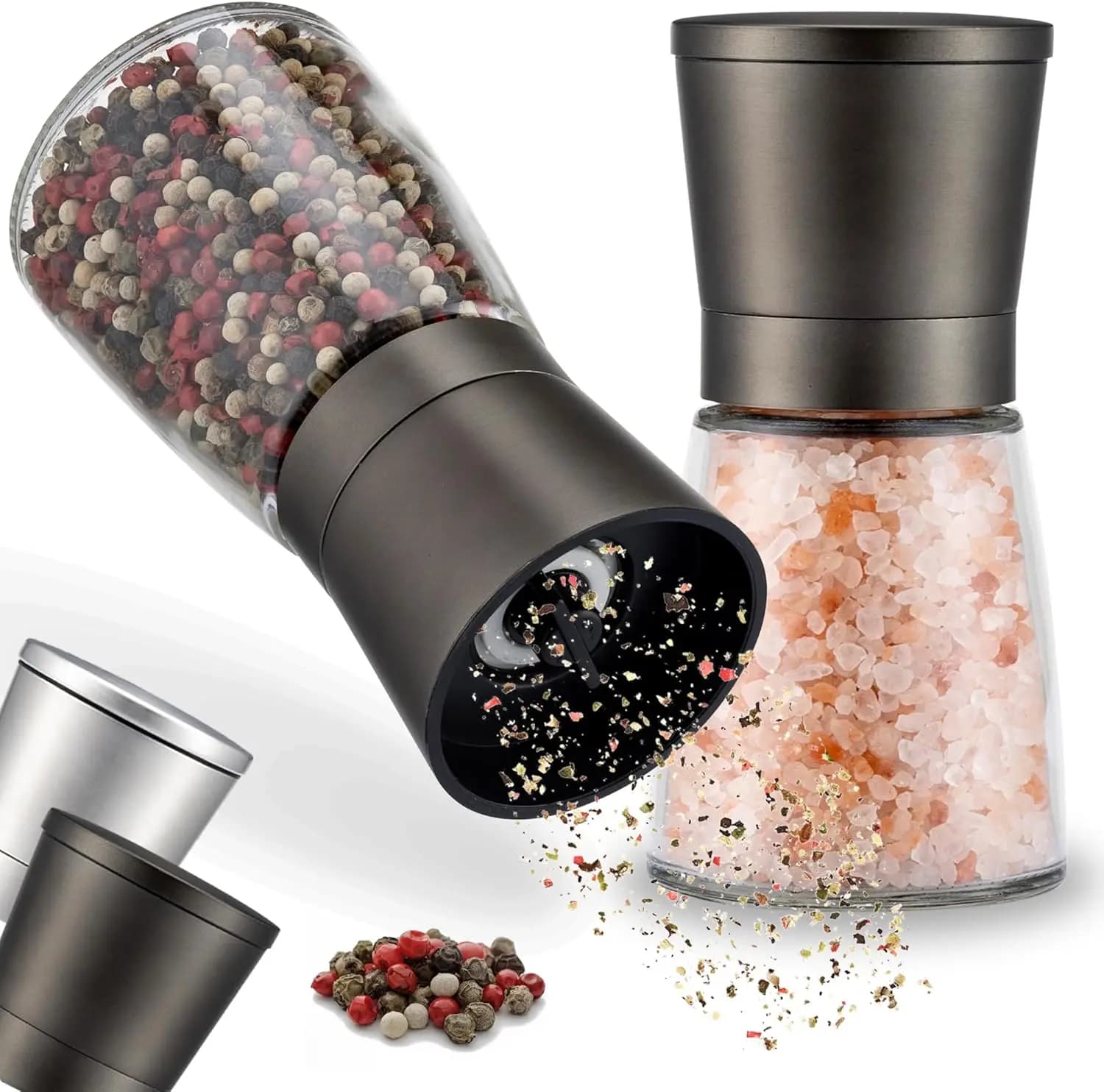 Set Macinapepe e Macinasale Manuale in Acciaio Inox Premium con Macina in Ceramica Regolabile per Spezie Fresche, Piccolo Nero