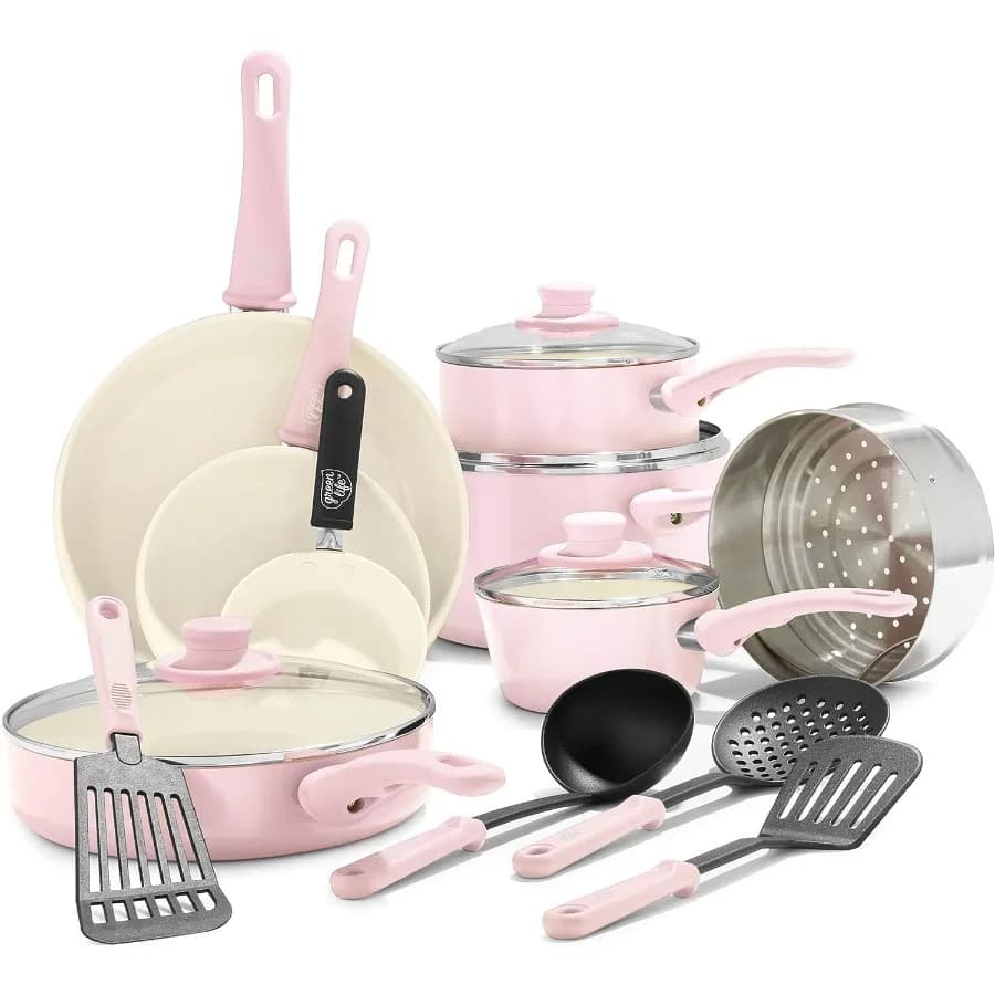 Set di pentole antiaderenti da 16 pezzi Impugnatura morbida Pentole e padelle in ceramica non tossiche PFASFree Lavastoviglie e salsa per friggere sicura al forno Saute Ut