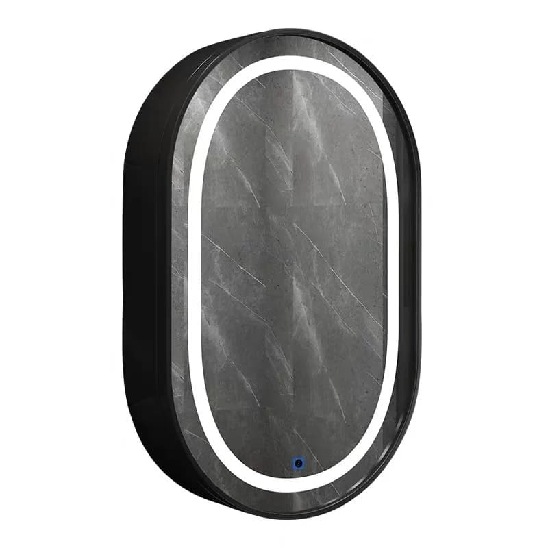 Armadietto a specchio per bagno con luce a LED intelligente antiappannamento in fabbrica, montato a parete, ovale, a forma rotonda, con luce a LED
