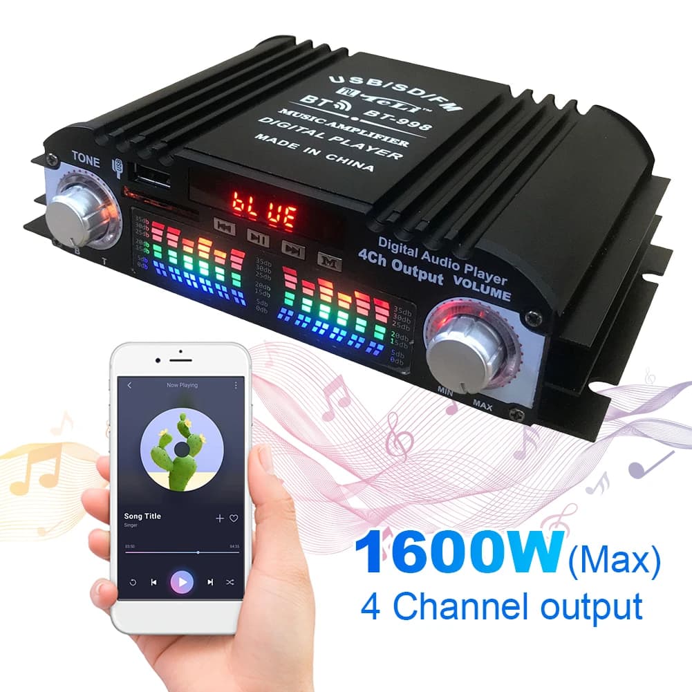 4 Channel Digital Audio Amplifier of Peak Power, HiFi Amplifier with FM, USB, Bluetooth, Mini Digital Stereo Amplifier