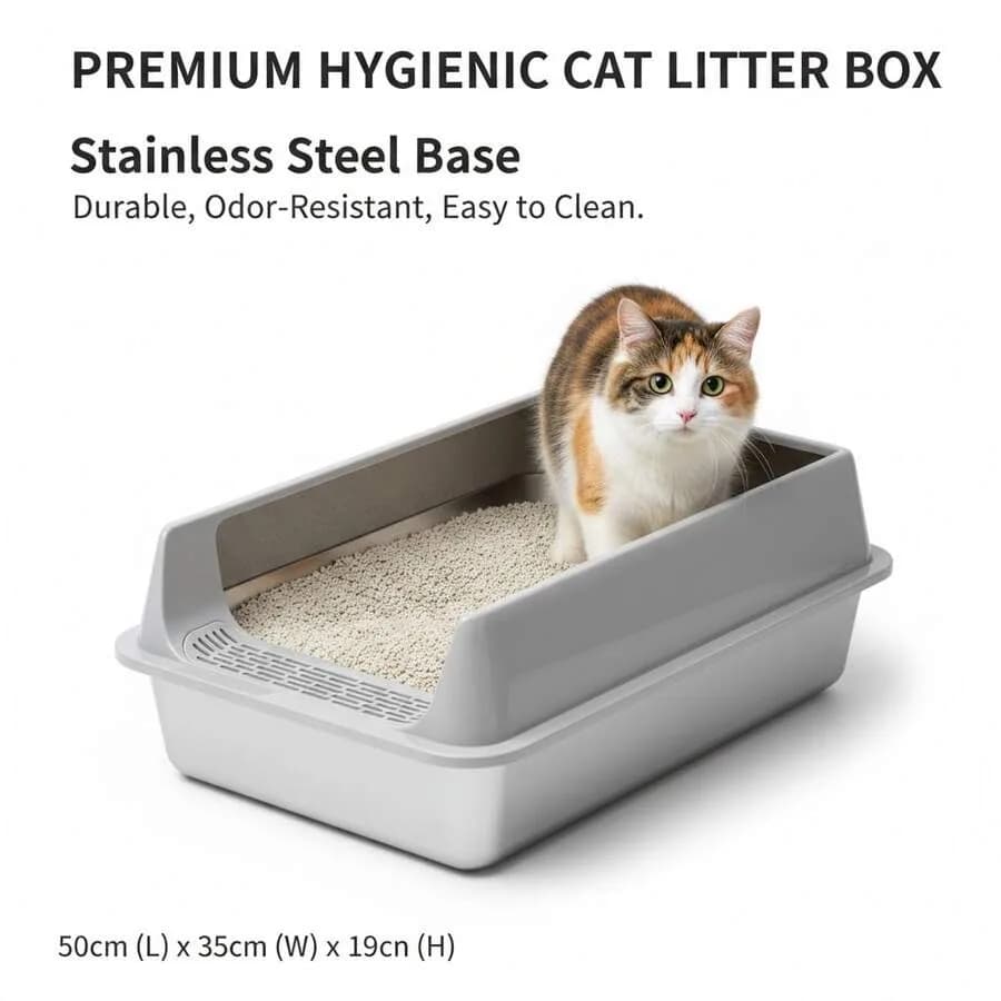 【New style】Two Colors Available Large Stainless Steel Cat Litter Box, 50x35x19cm Semi-Enclosed Cat Litter Basin, High Sides Ant