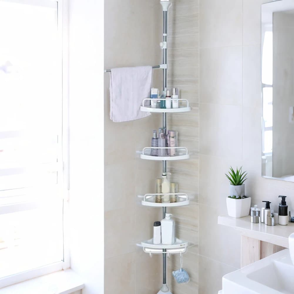 Mensola Telescopica per Bagno Senza Foratura, Organizer per Doccia, Scaffale Angolare in Acciaio Inox, Supporto Regolabile con 4 Ripiani