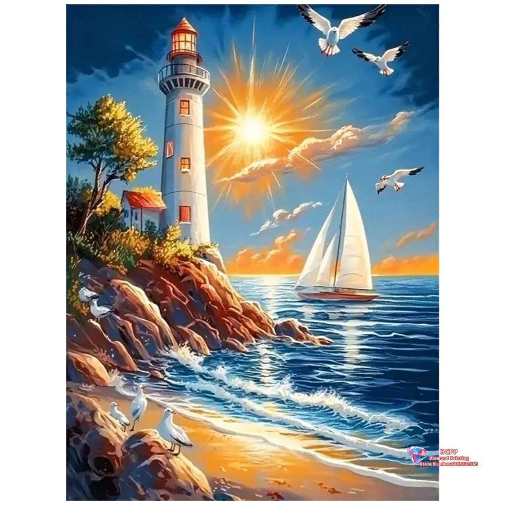Set Pittura Diamante 5D Fai da Te Faro al Risplendere del Sole con Barca a Vela, con Diamanti Quadrati e Rotondi, Ricamo Artigianale, Regali Fatti a Mano