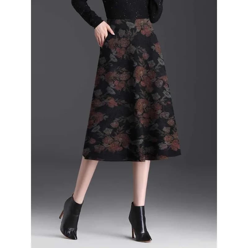 Women High Waist Floral Jacquard A Line Midi Skirt