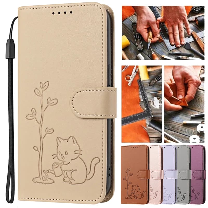 Cats & Trees Pattern Leather Phone Case For Motorola MOTO G87 G77 G67 G57 G37 G47 G17 Power 5G Wallet Flip Cover Luxury Bags