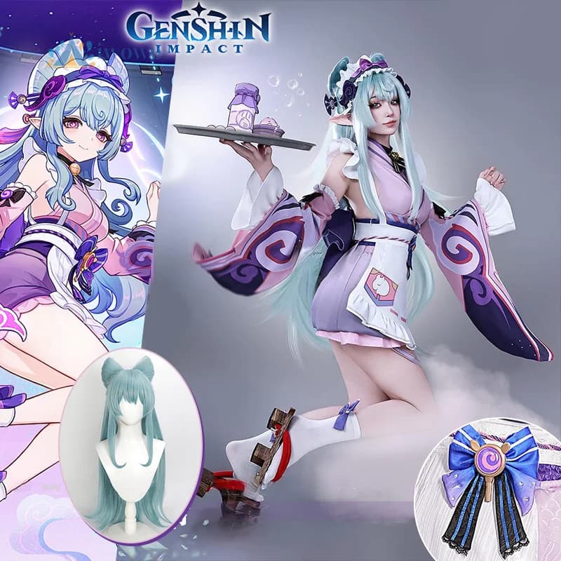 Genshin Impact Yumatisuki Mizuki Costume Cosplay Parrucca Abito Grembiule Copricapo Maniche Parrucche verdi per le donne Ragazza Puntelli Festa di Carnevale