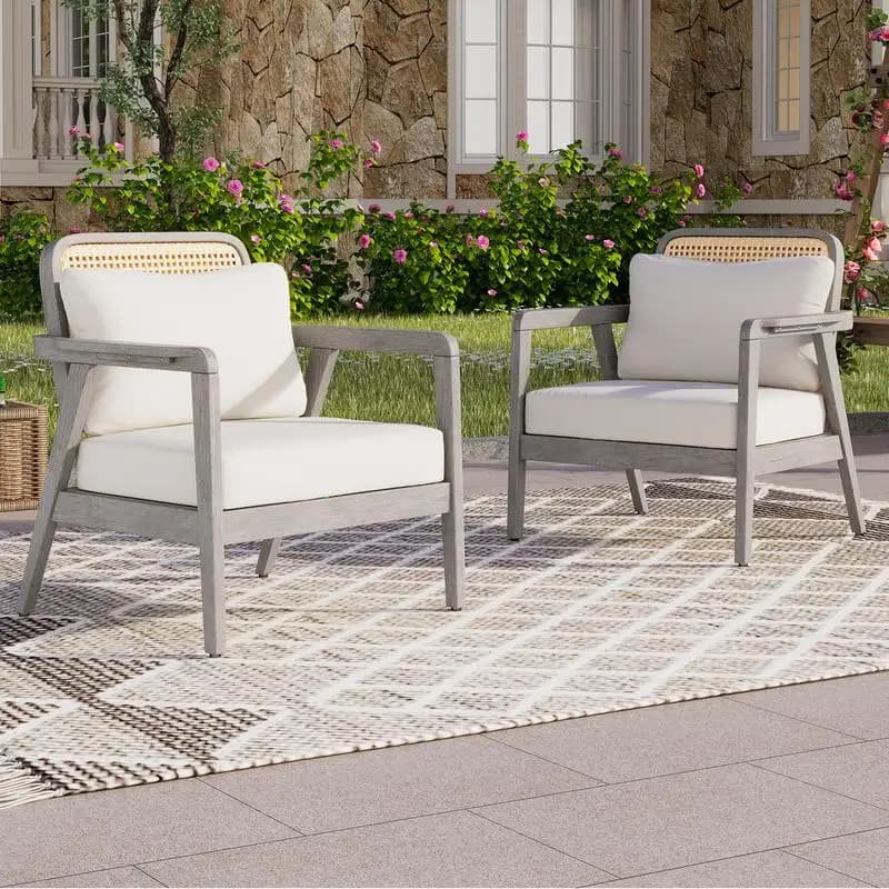 Sedie da club per patio da esterno in legno di acacia - Set di 2, cuscini spessi impermeabili, posti a sedere profonde per portico, giardino e balcone, max
