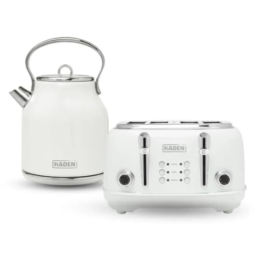 Bollitore Elettrico Retrò e Tostapane a 4 Fette con Slot Larghe in Bianco con Corpo in Acciaio Inossidabile, Design Durevole ed Elegante per la Casa