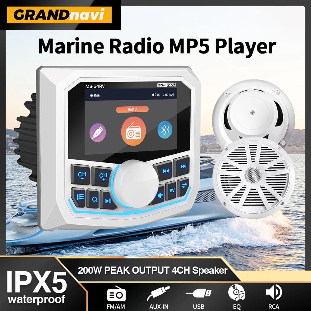 GRANDnavi MP5 Stereo marino Impermeabile IPX5 Lettore radio per barche Bluetooth FM AM RDS Audio per yacht Gauge RV ATV UTV Carrello