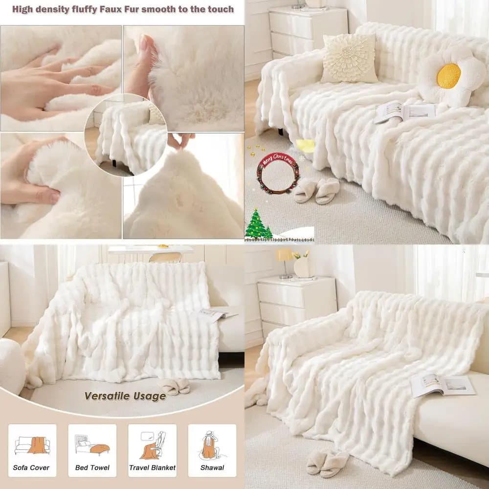 Covered 1 piece in thick synthetic rabbit fur, warm and cozy sofa cover, white, 71x118