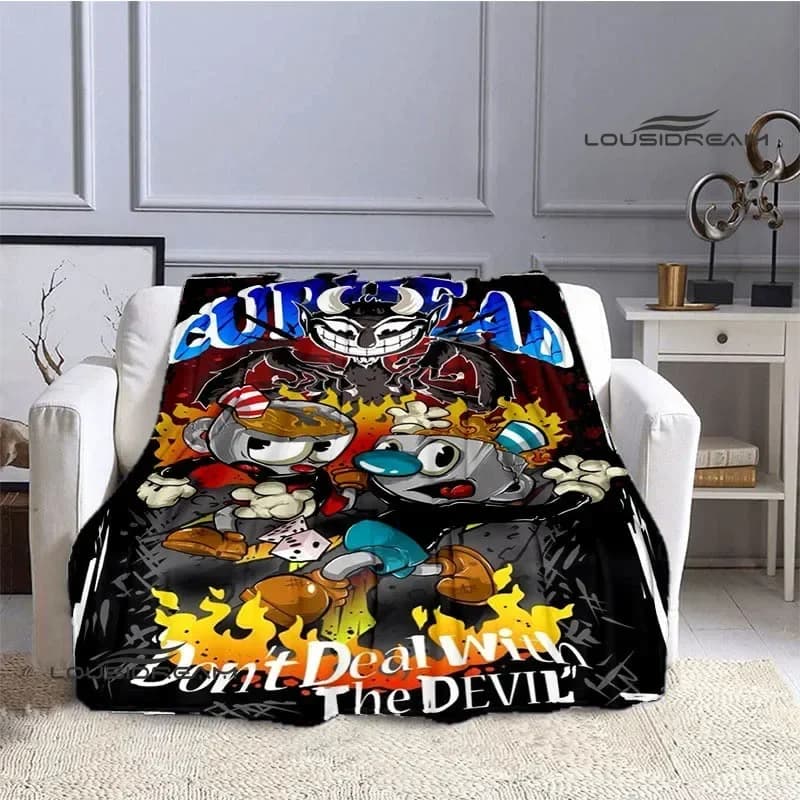 Coperte stampate con cartoni animati di Cuphead, coperta da picnic, rivestimenti per letto alla moda, coperta calda in flanella, coperta morbida e confortevole, regalo di compleanno
