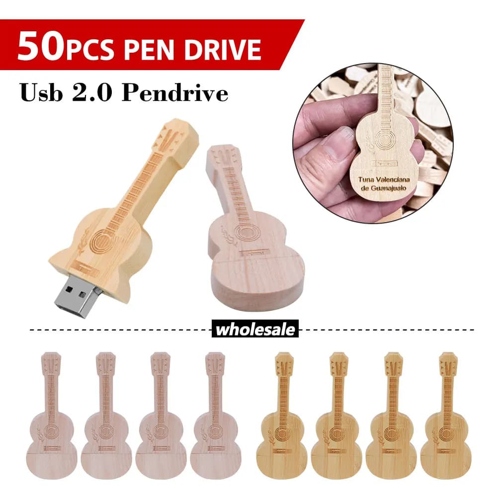 50 PZ/LOTTO Chitarra In Legno Chiavetta USB 128 GB Logo Personalizzato Gratuito Pen Drive 64 GB di Legno BUON Memory Stick Regali Creativi U Disco 32 GB