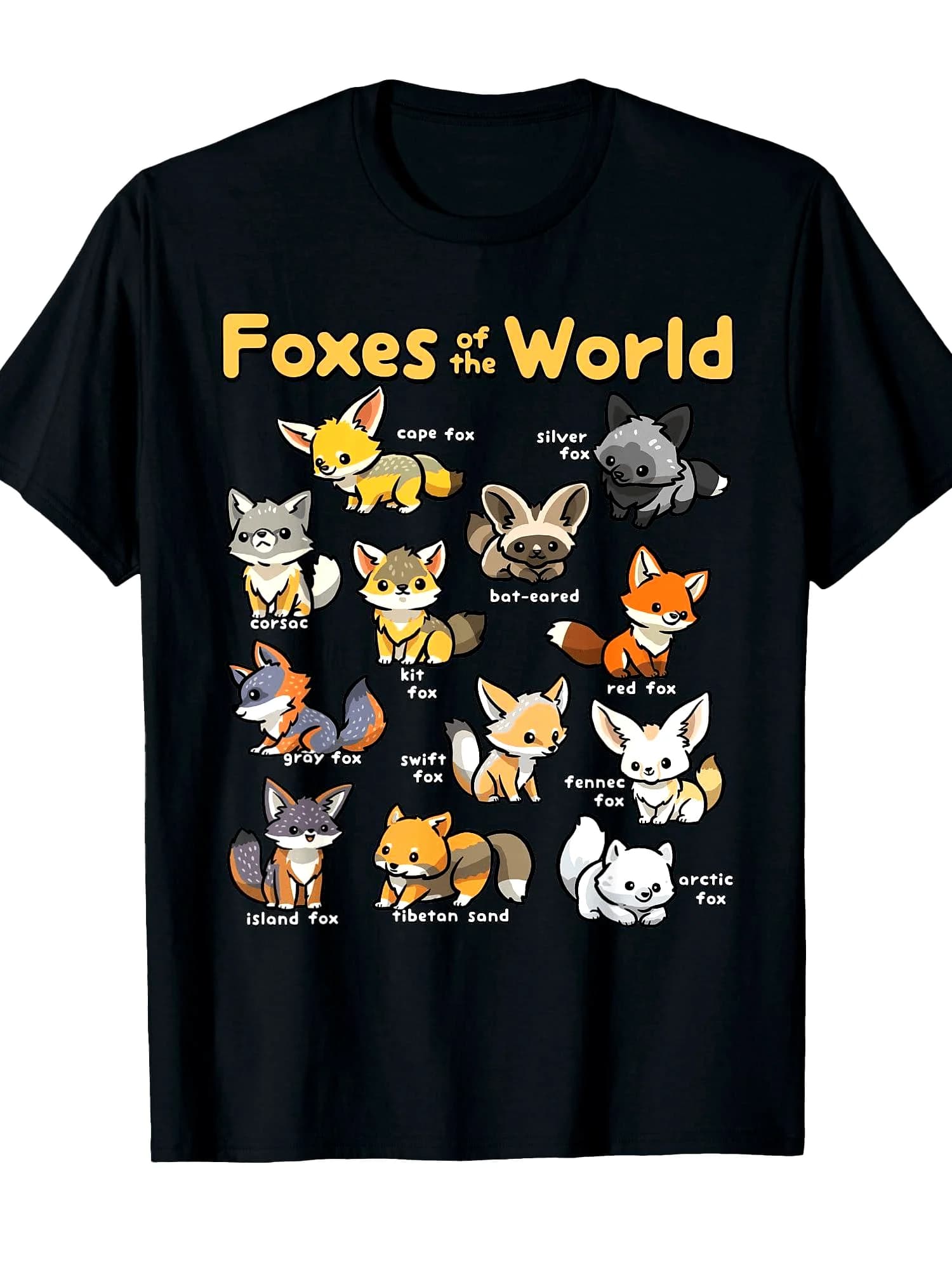 T-shirt sponsorizzata Kawaii Fox Animals Of The World per amanti degli animali, con stampa di volpi del mondo, nera